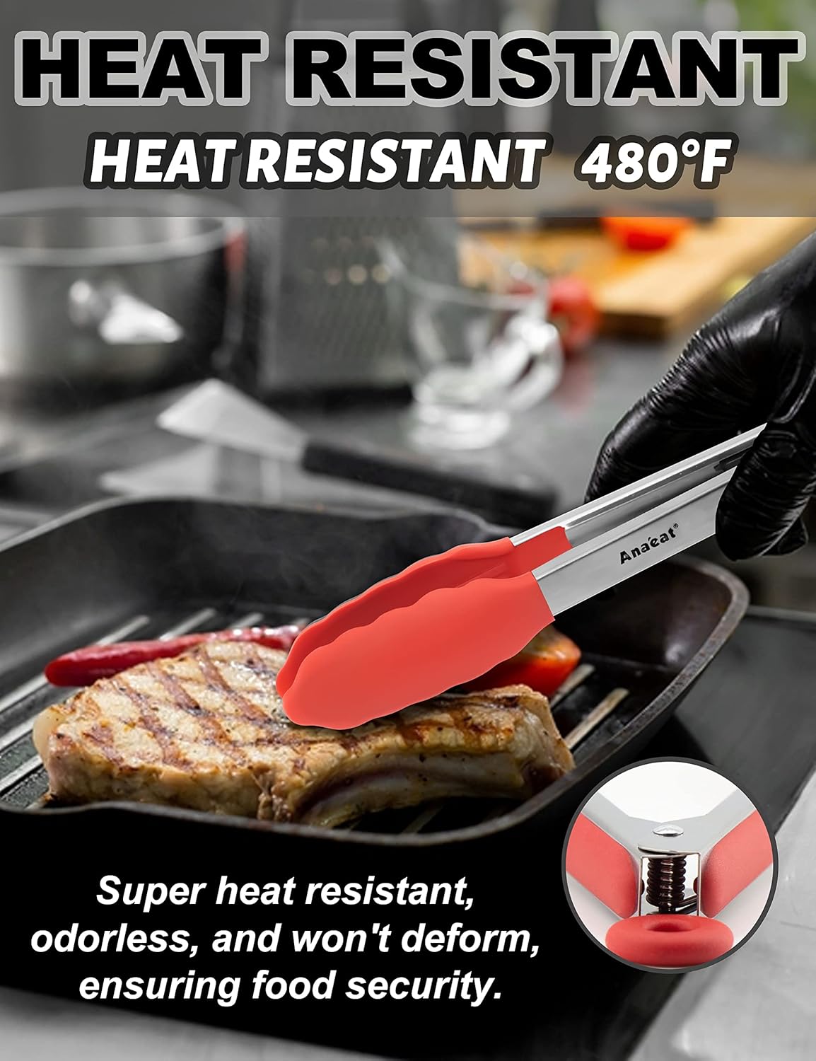 Anaeat Non-Stick Silicone Locking Tong Set of 3 - Stainless Steel 7", 9" and 12" Kitchen Food Tongs with Non-Slip Silicone Tips and Grip for Cooking, Baking and BBQ - Heat Resistant up to 480°F (Red)