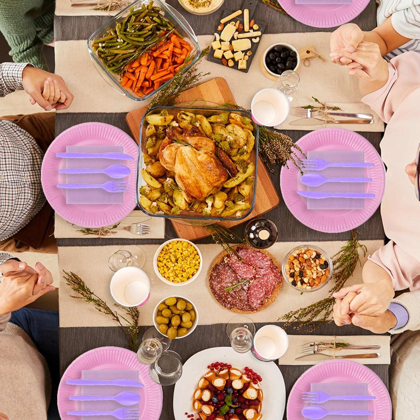 210pcs Thanksgiving Light Purple Paper Plates Disposable Tableware Party Supplies- Includes 9" Dinner Plates, 7" Dessert Plates, 9oz Paper Cups, Napkins, Plastic Forks, Knives And Spoons