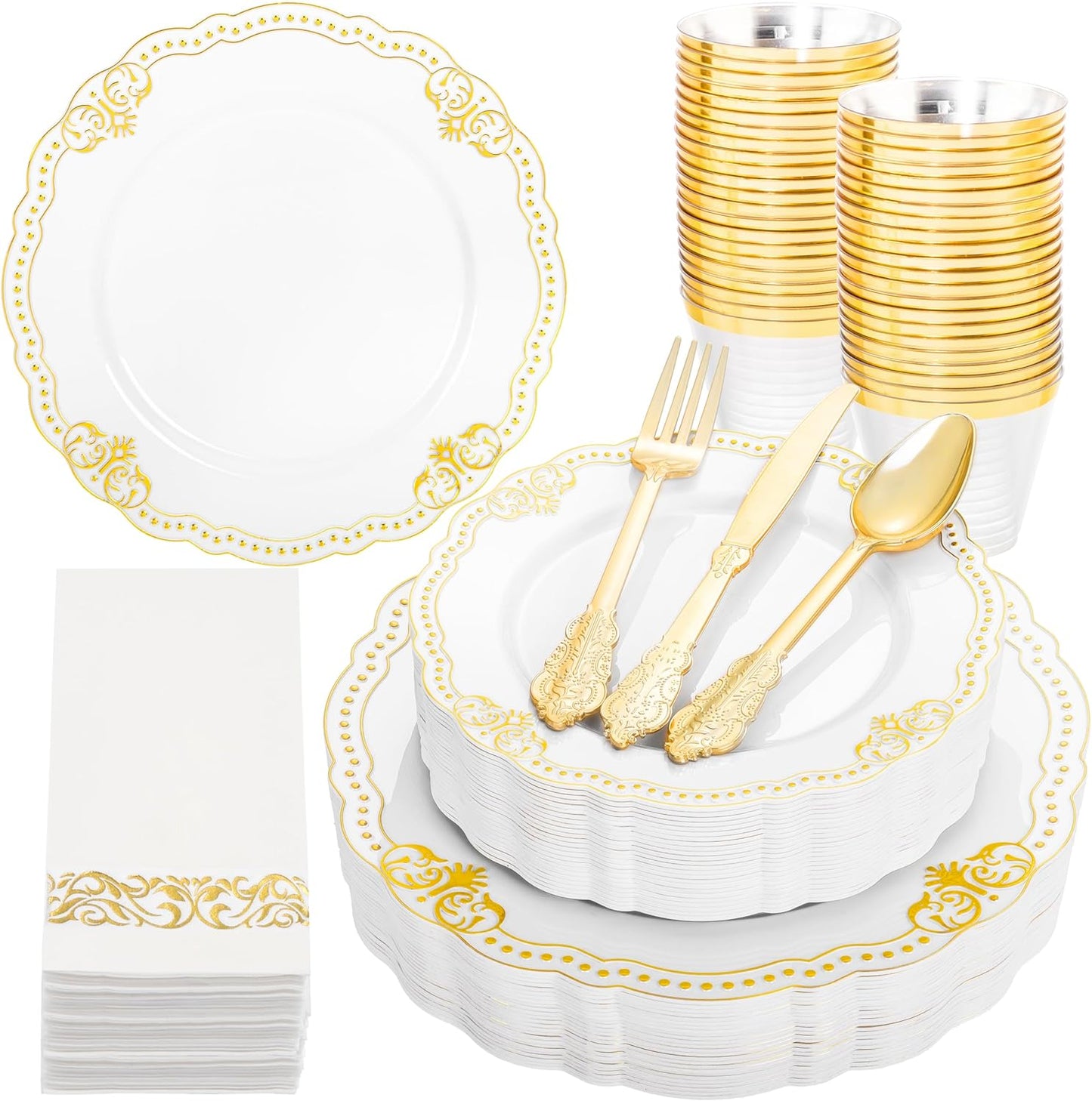 Ciaell 175 PCS White and Gold Plastic Plates - Fancy Gold Disposable Dinnerware Set with of 50 Plastic Plates, 25 Knives, 25 Forks, 25 Spoons, 25 Cups, 25 Napkins for Wedding, Party &Thanksgiving