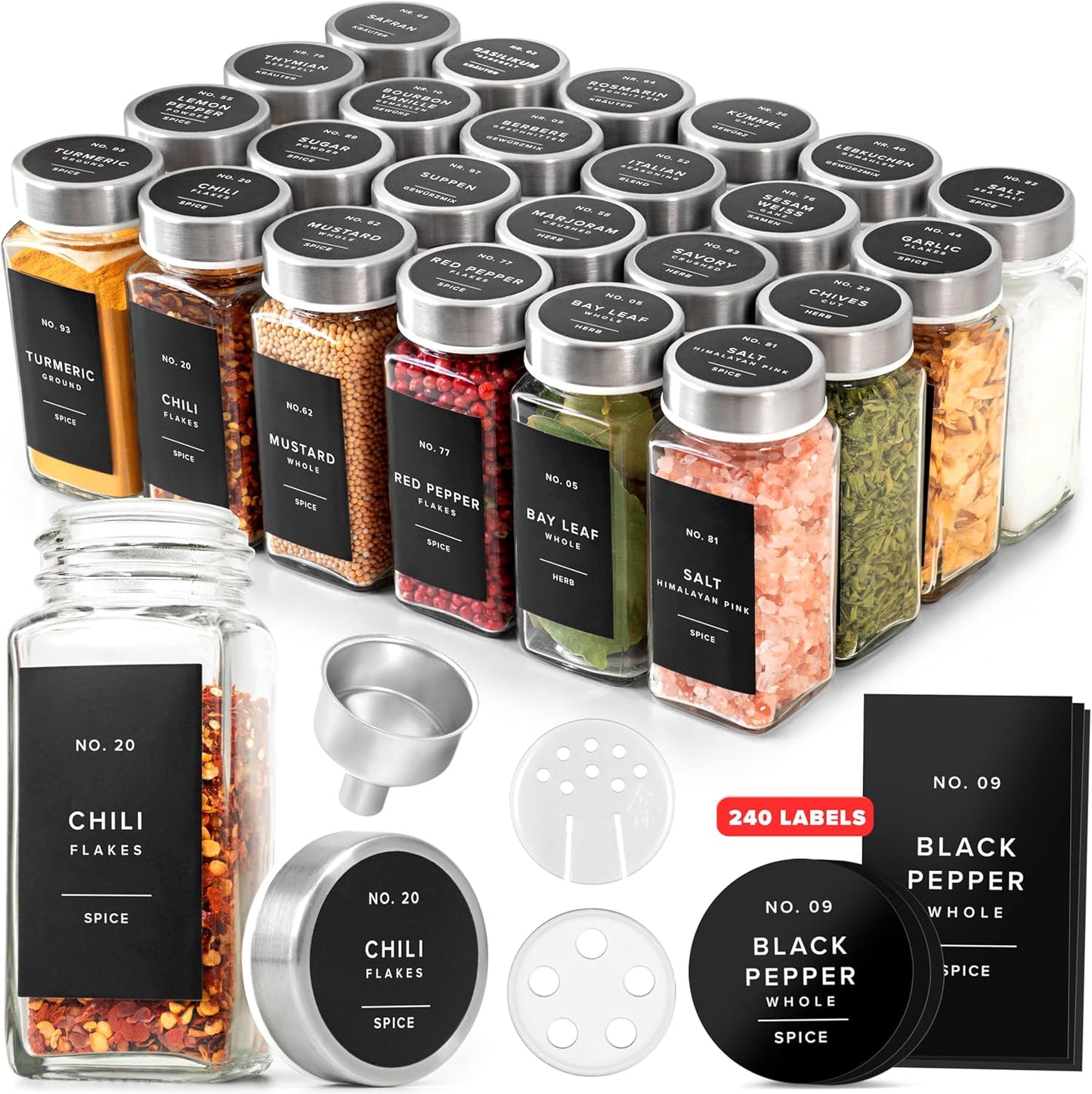 Glass Spice Jars with Labels and Steel Lids (24 x 4oz) Spice Containers with 240 Label, Steel Funnel, Shaker Inserts, Empty Square Seasoning Organizer for Spice Rack, Cabinet, Drawer