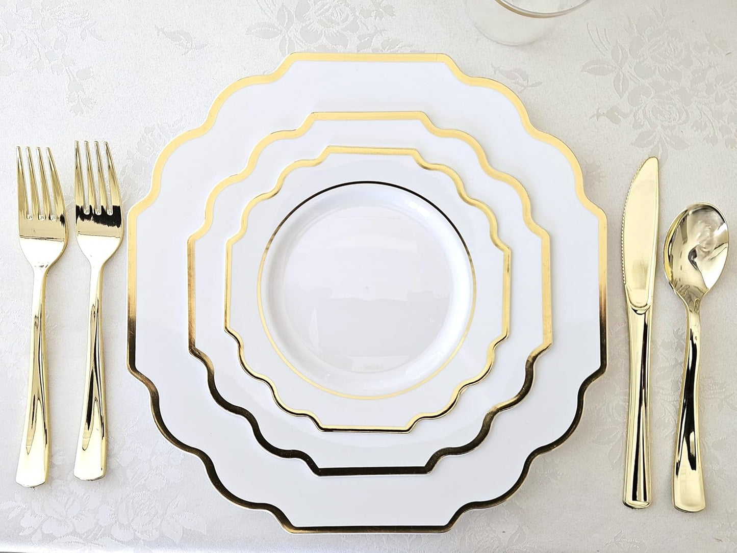 " OCCASIONS " 80 Plates Pack,(40 Guests) Heavyweight Wedding Party Disposable Plastic Plates Set -40 x 10.5'' Dinner + 40 x 8'' Salad/Dessert Plate (Imperial White & Gold)