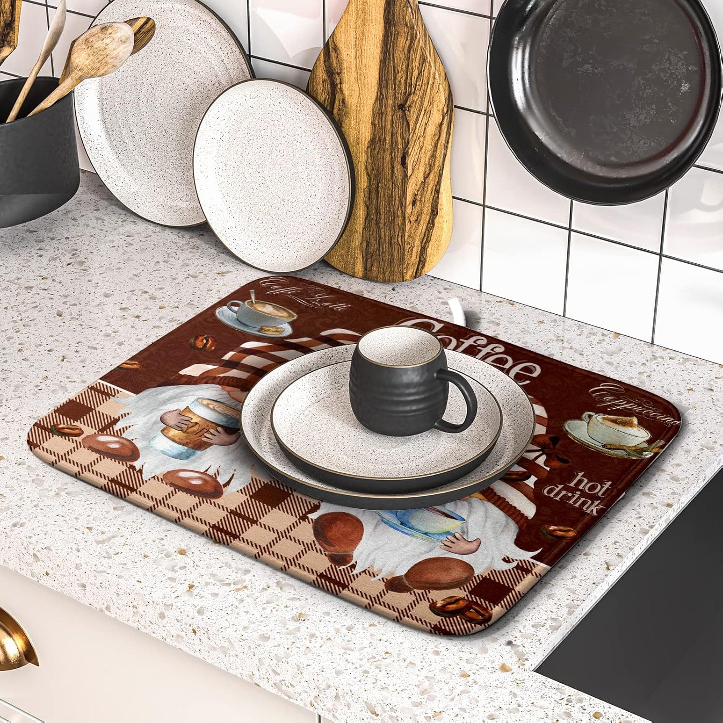 Coffee Gnomes Dish Drying Mat - Brown Plaid Absorbent Quick Dry Dishes Cups Rack Mats Anti Slip Microfiber Pad Under Coffee Maker Espresso Machine Kitchen Counter Bar Accessories 16 x 18 Inch