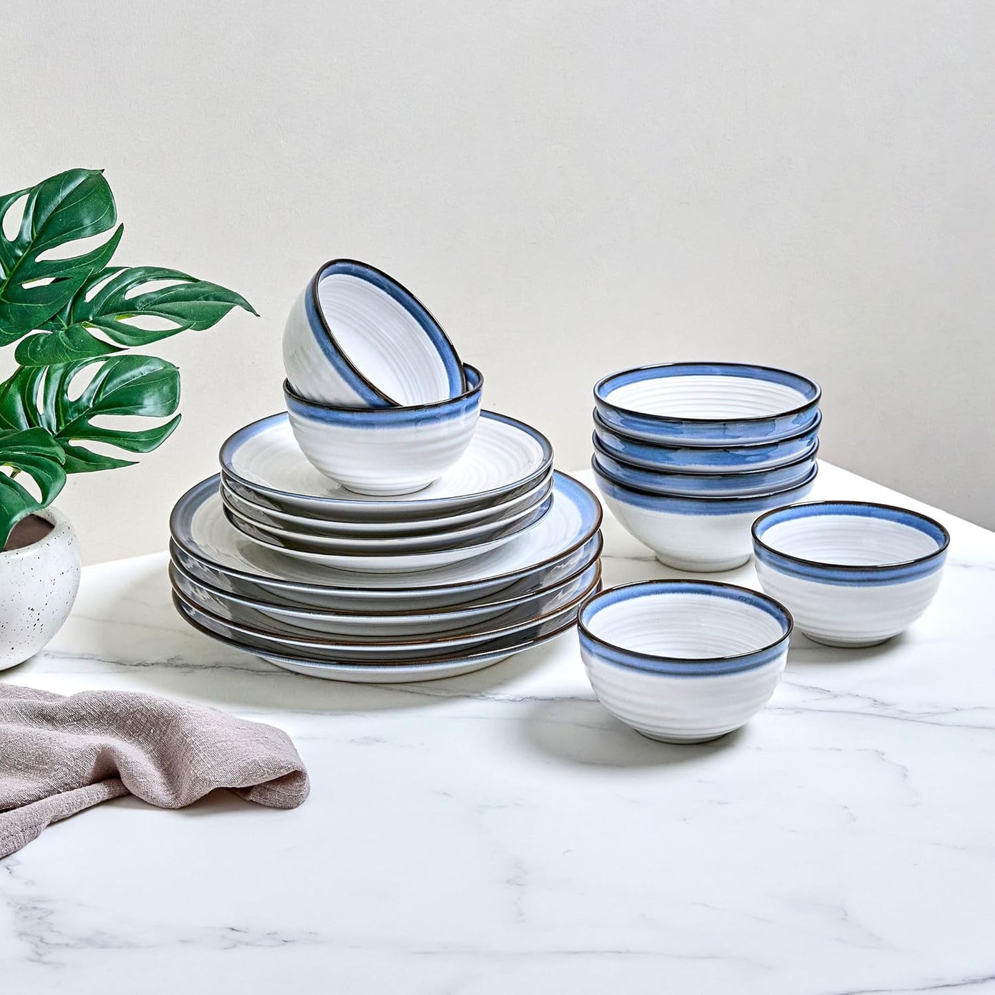 Sango Siterra Santorini 16-Piece Stoneware Dinnerware Set for 4, Ceramic White Plates and Bowls Sets with Blue Rim & Reactive Glaze, Chip Resistant Dish Set, Microwave & Dishwasher Safe Kitchen Dishes