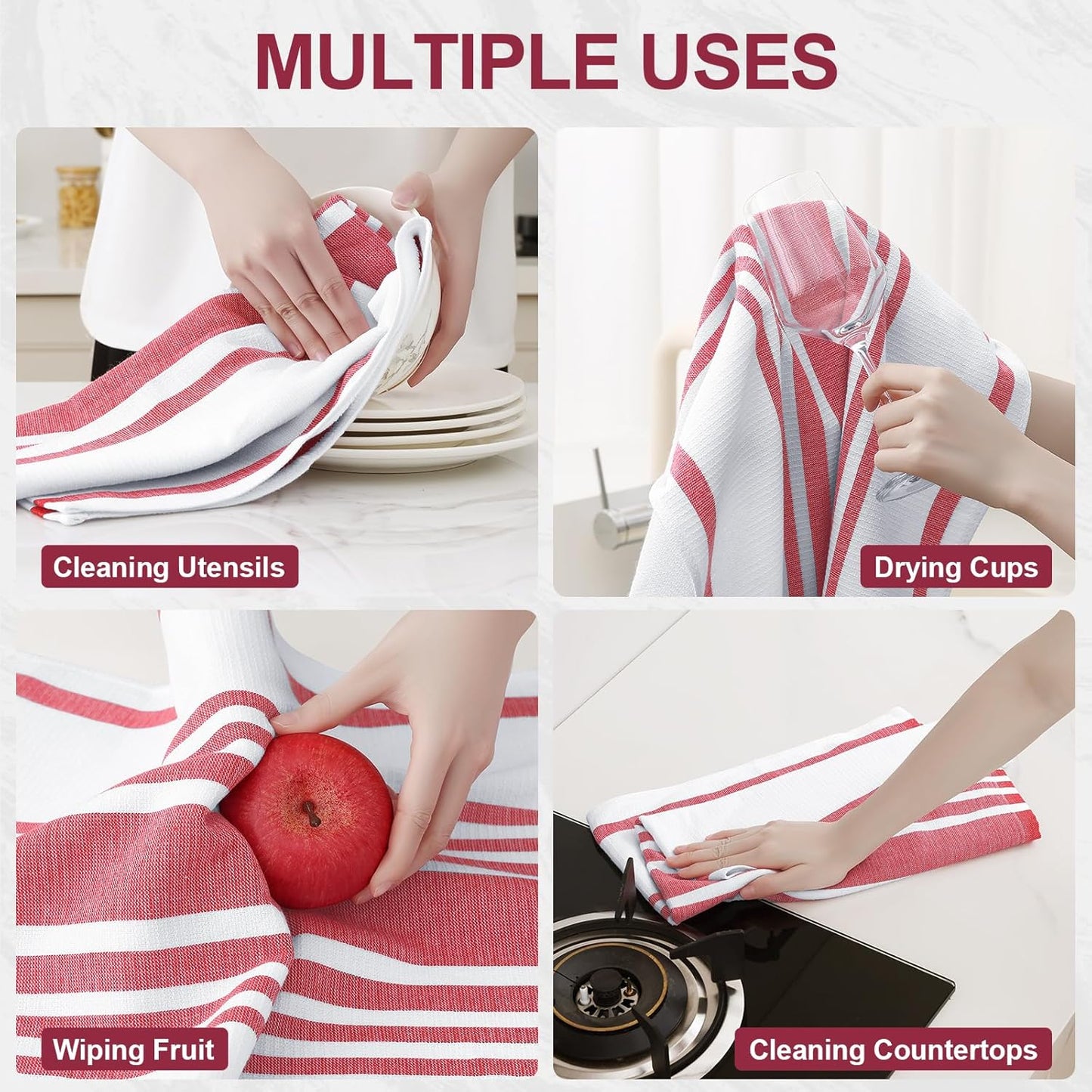 Homaxy Premium Kitchen Towels 18”x 28”, Large Cotton 380 GSM Kitchen Hand Towels, Stripe and Terry Dish Towel, Highly Absorbent Tea Towel Set with Hanging Loop, 8 Pack, Red