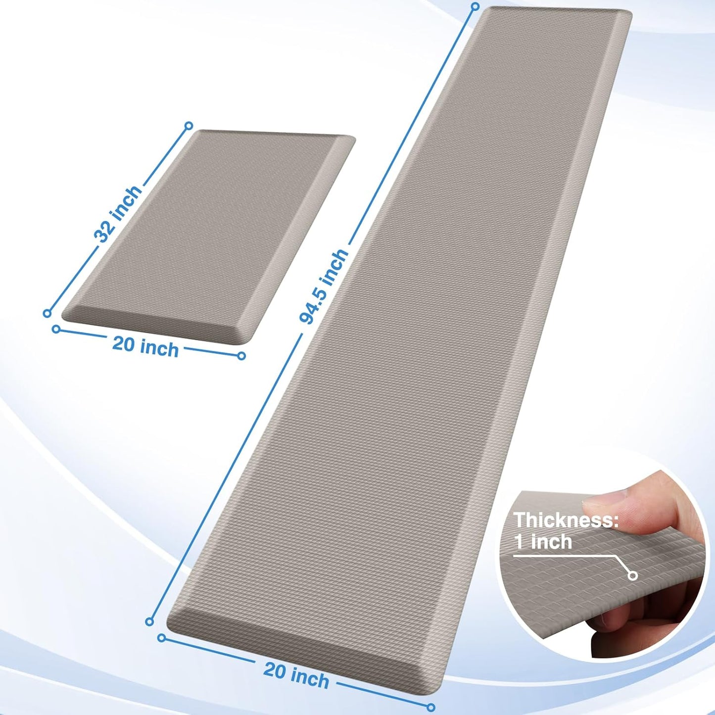 StepRite Kitchen Mats, 2PCS Kitchen Rugs, Cushioned Anti Fatigue Kitchen Mats for Floor, Non-Slip Standing Desk Mat, Waterproof Kitchen Rug Set for Kitchen,20" x 32"+20" x 94.5"-Full 1inch Thick,Khaki