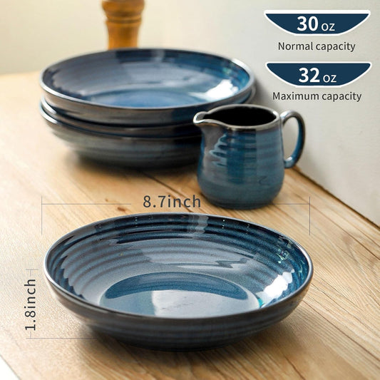 Pasta Bowls 32 OZ,Ceramic Salad Serving Bowls Set of 4,Large 8.7 inch Shallow Bowls Plates for Soup,Fruit,Noodle,Dinner,Dishwasher & Microwave Safe,Navy Blue
