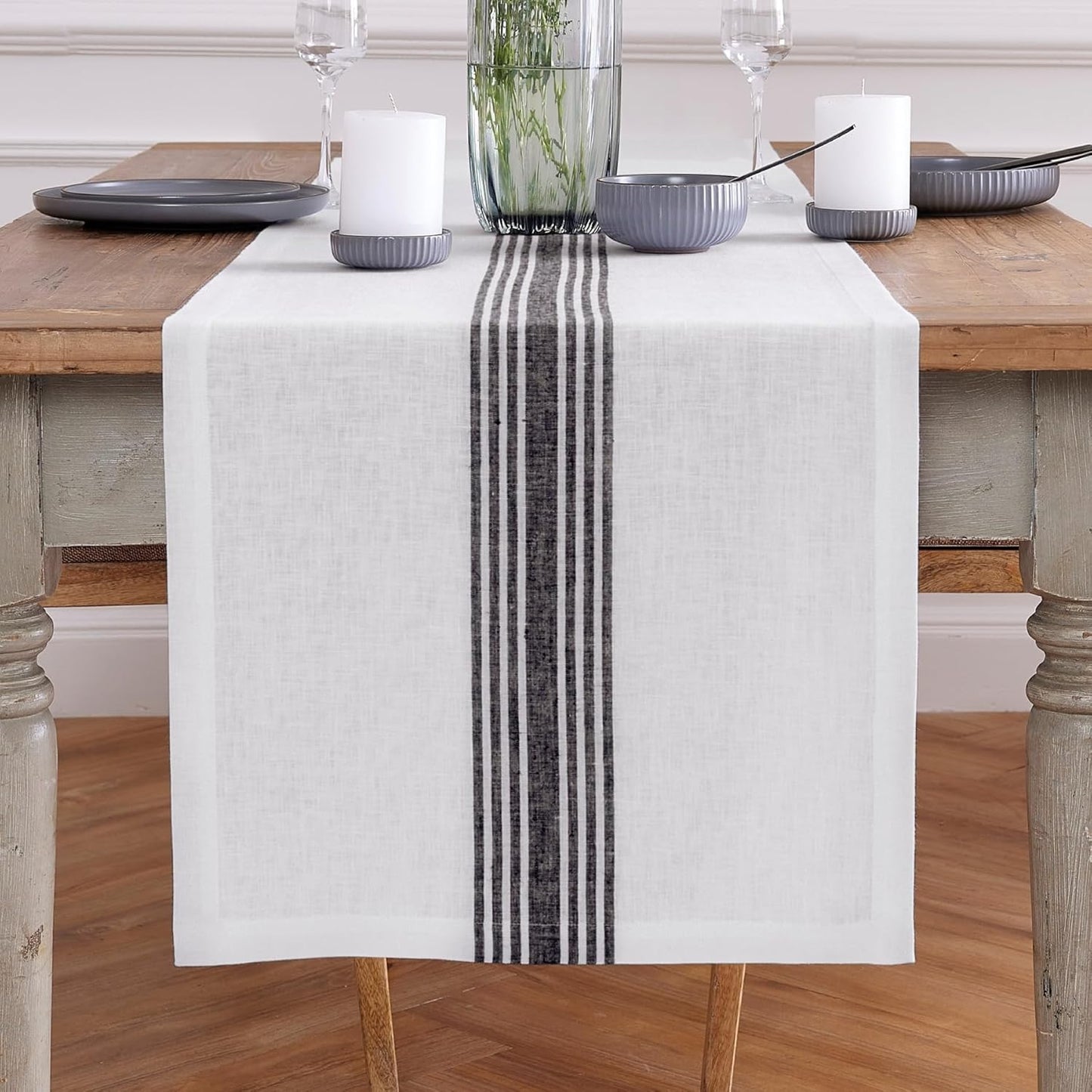 Solino Home Linen Table Runner 120 Inches Long - 100% Pure Linen Farmhouse Black and White Table Runner 18 x 120 Inch Ideal for Dining, Fall, Autumn, Halloween, Thanksgiving