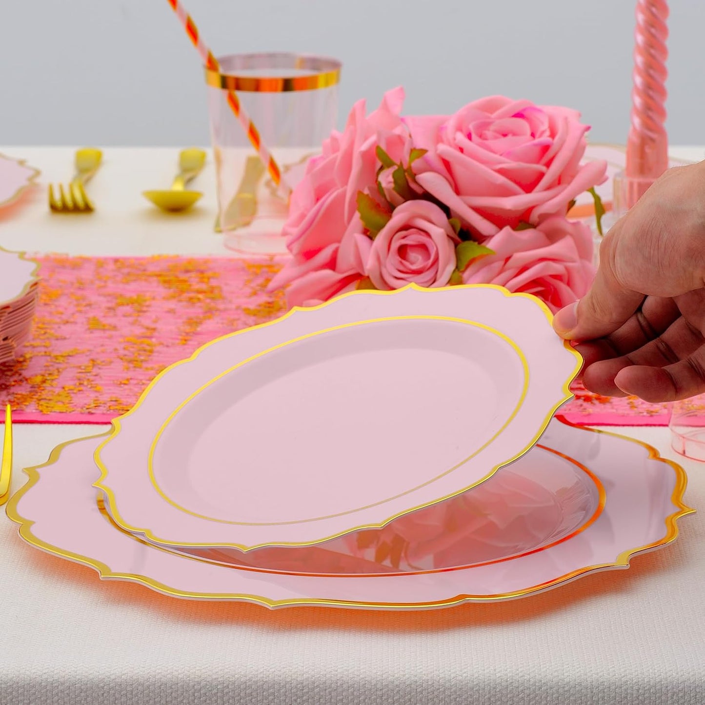 175 PCS Pink Plastic Plates for 25 Guests, Pink and Gold Disposable Dinnerware Set for Party Wedding Include 25 Dinner & 25 Dessert Plates, Spoons, Forks, Knives, Cups, 25 Napkins
