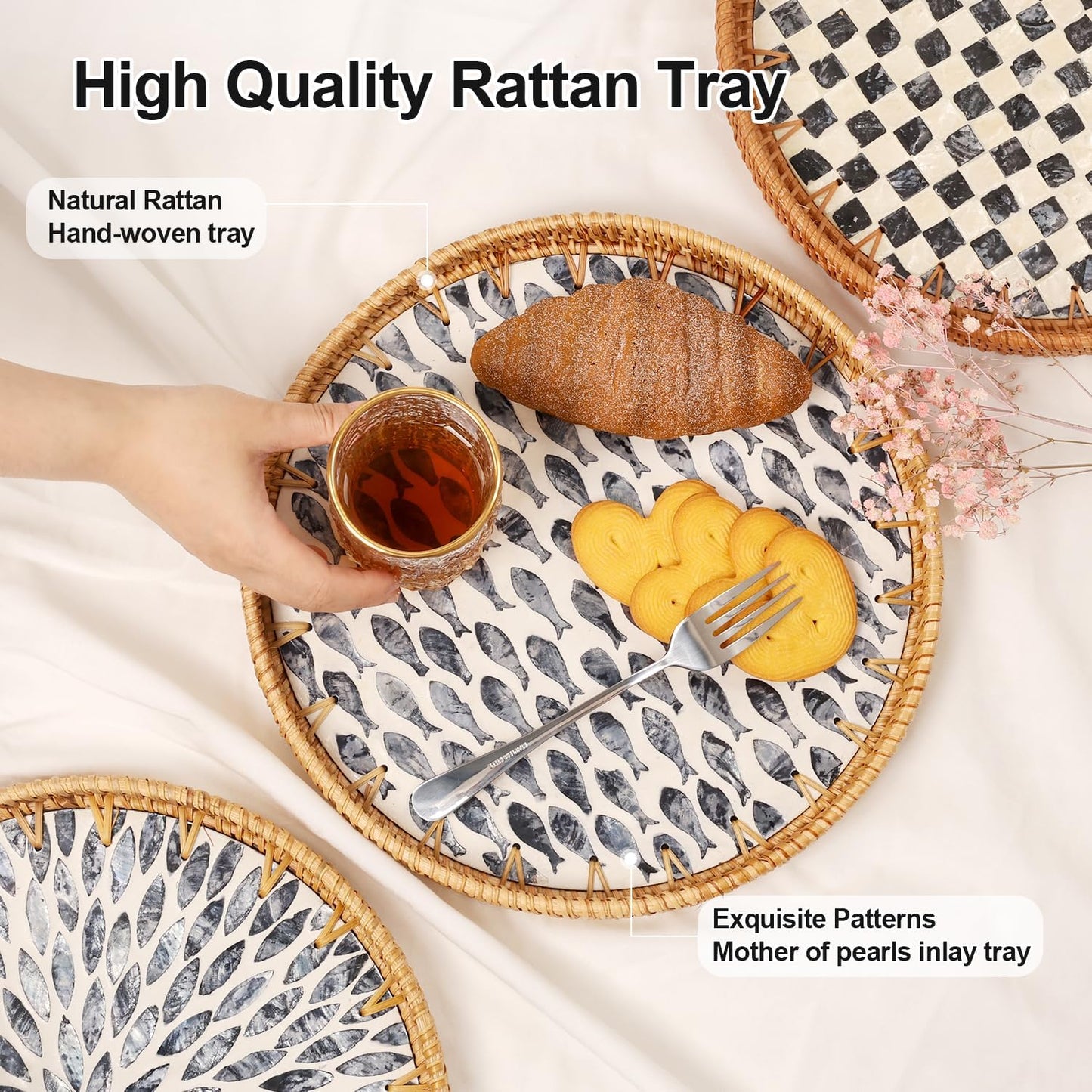 Round Rattan Tray with Mother of Pearl Inlay, Rattan Serving Tray for Coffee, Bread, Fruits, Decorative Wicker Tray for Table Decor, Home Decor, Kitchen Island Decor (Dark Blue Fish, 11.8")