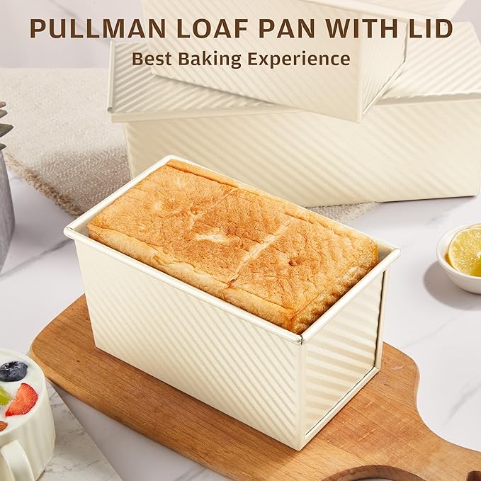 KITESSENSU Pullman Loaf Pan with Lid, 1 lb Dough Capacity Non-Stick Bakeware for Baking Bread, Carbon Steel Corrugated Bread Toast Box Mold with Cover,Cream