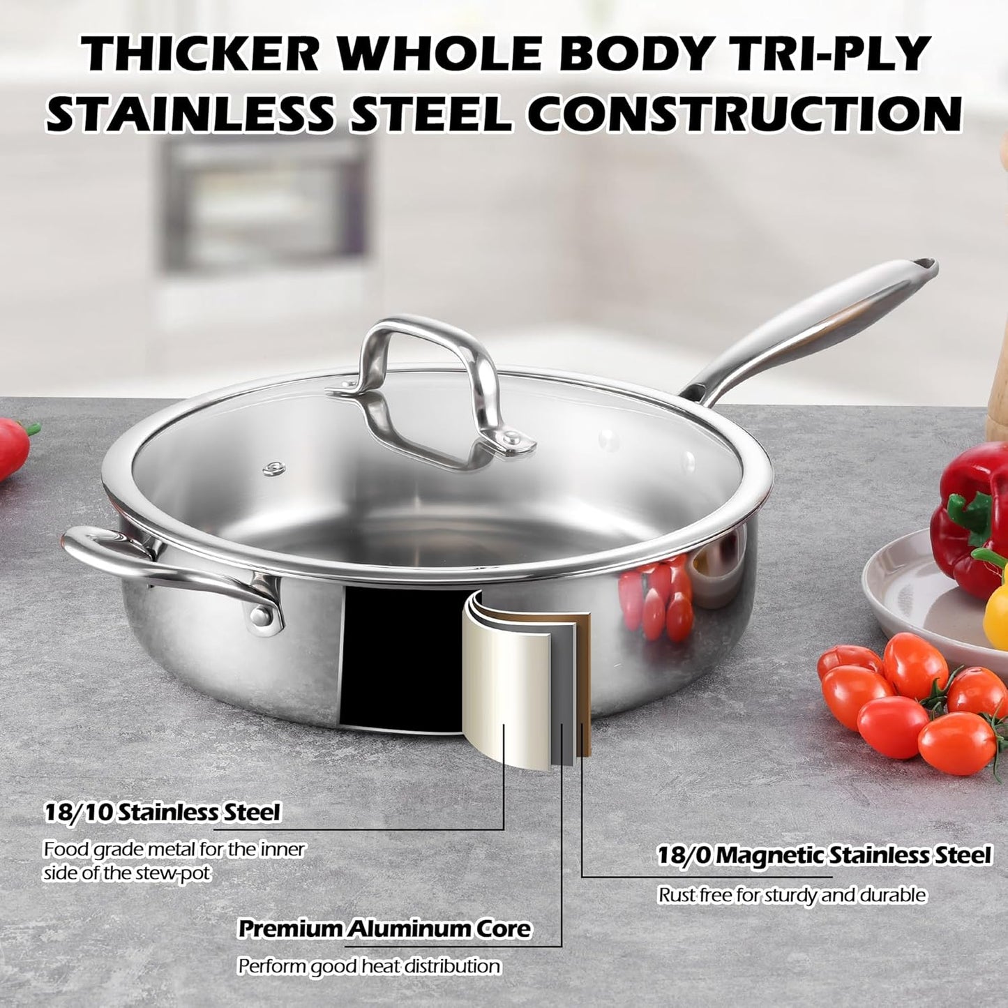 E-far 12 Inch Deep Frying Pan with Lid, 6 Quart Tri-Ply Stainless Steel Saute Pan, Kitchen Skillet, Healthy Non-toxic Cooking Pan for Induction Ceramic Gas Stoves, Heavy Duty, Oven & Dishwasher Safe