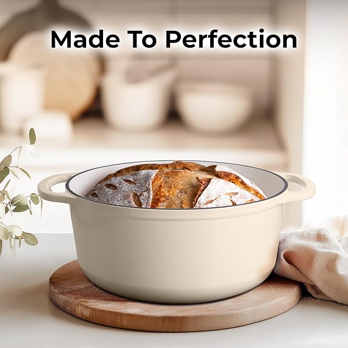 Zulay Kitchen 5 Quart Enameled Cast Iron Dutch Oven Pot with Lid – Premium Durability & Oven Safe up to 500°F – Heavy Duty Cookware Perfect for Bread Baking, Stews, Braising & Roasting – Ivory