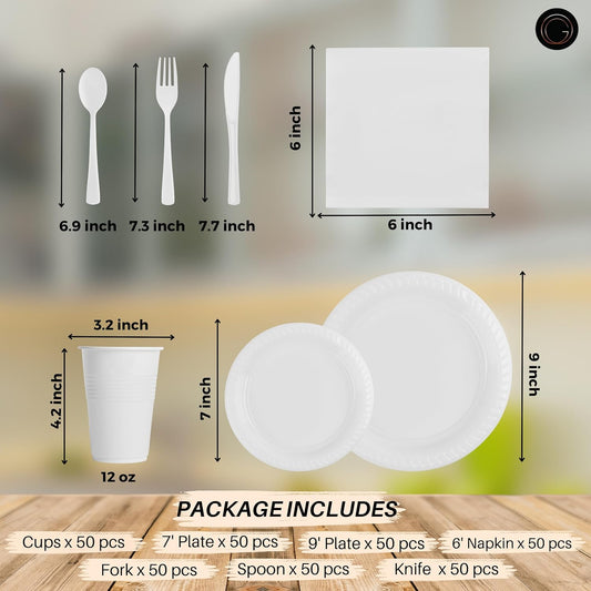 350 Piece WHITE Disposable Dinnerware Set 50 Guests, Plastic Party Plates And Cups And Napkins Sets - 50 Count 9" Dinner Plates, 7" Dessert Plates, 12oz Cups, Paper Napkins, Forks, Knives & Spoons
