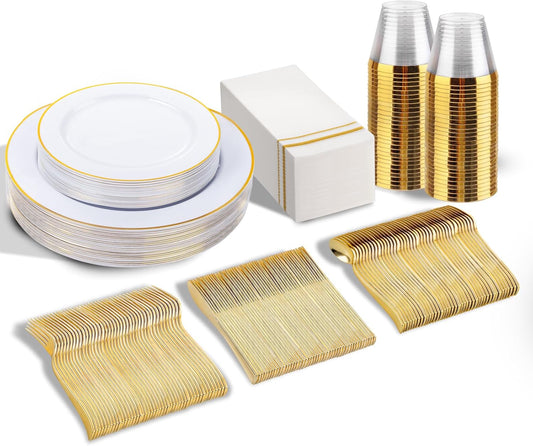 SUT 175 PCS Plastic Plates,Plates Disposable Heavy Duty for 25 Guests, Disposable Plates for Party, Plastic Disponsable plates including Party plates and Cups and Napkins Sets