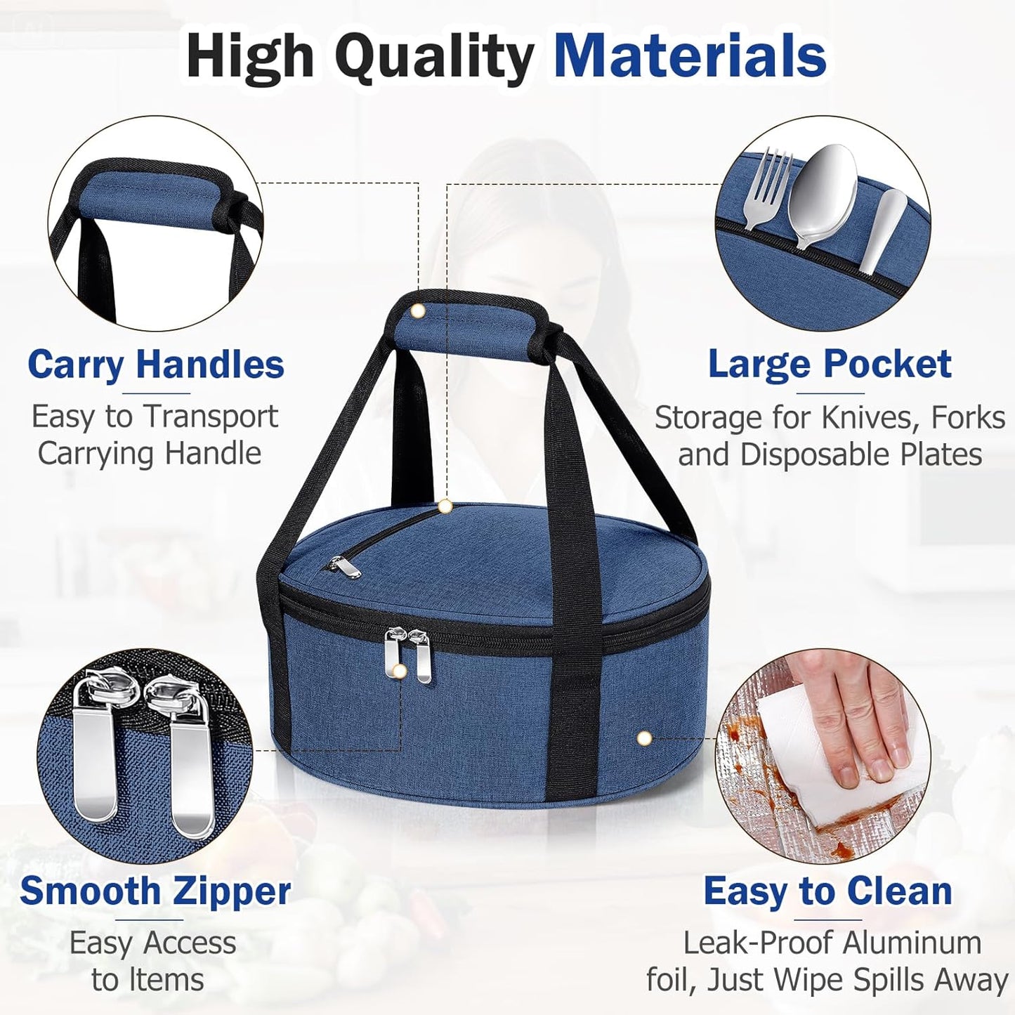 Round Insulated Casserole Carrier, Pie Carrier Bag, Portable Casserole Carrier for Hot or Cold Food Lunch Tote Warmer or Cooler Bag, Lunch Bag for Parties Picnic, Fits 12.5" Baking Dish, Navy Blue