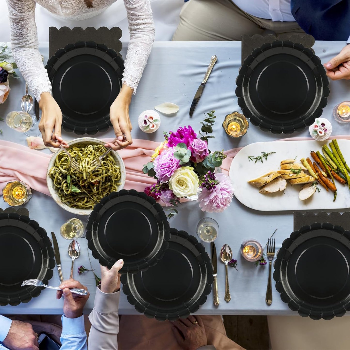 75Pcs Black Paper Plates Set-7 Inch Disposable Halloween Plates Scalloped Black Cute Dessert Dinner Plate Nakpins Forks Birthday Dinnerware Set Party Supplies for Halloween Wedding Table Decor