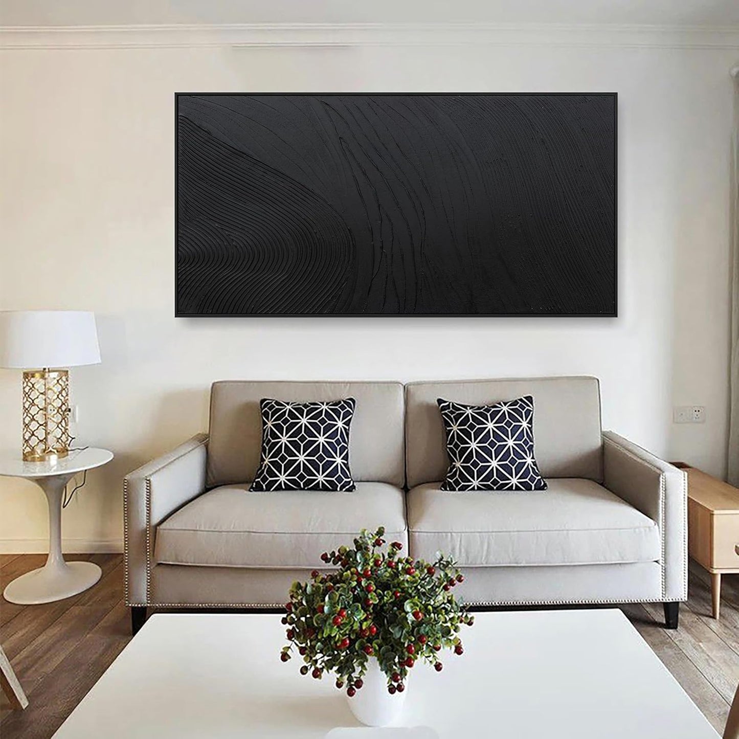 Framed Abstract Wall Art For Living Room Wall Decor Artwork 48" W X 24" H Black Hand Painted Line Texture Canvas In Large Abstract Artwork For Living Room Bedroom Office Modern Glam Decor Ready To Hang
