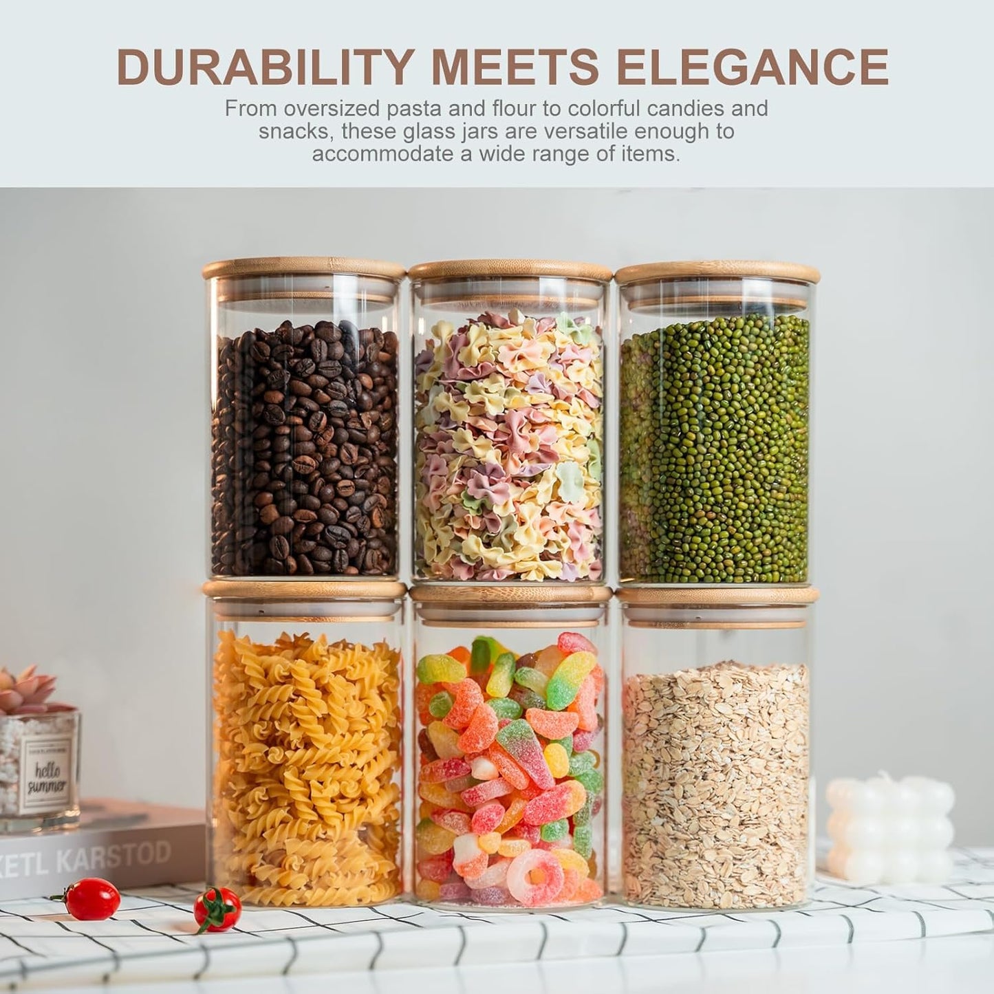 YUNCANG Glass Food Storage Jars 50oz [Set of 6],Clear Glass Food Storage Containers with Airtight Bamboo Lid Stackable Kitchen Canisters for Candy,Cookie,Rice,Sugar,Flour,Pasta