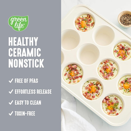 GreenLife 12-Cup Muffin Pan, Healthy Ceramic Nonstick Bakeware, PFOA & PFAS-Free Cupcake Sheet, Durable Baking Tray, Versatile Kitchen Essentials, Easy Clean Muffin Mold, Nonstick Baking Pan, Gray