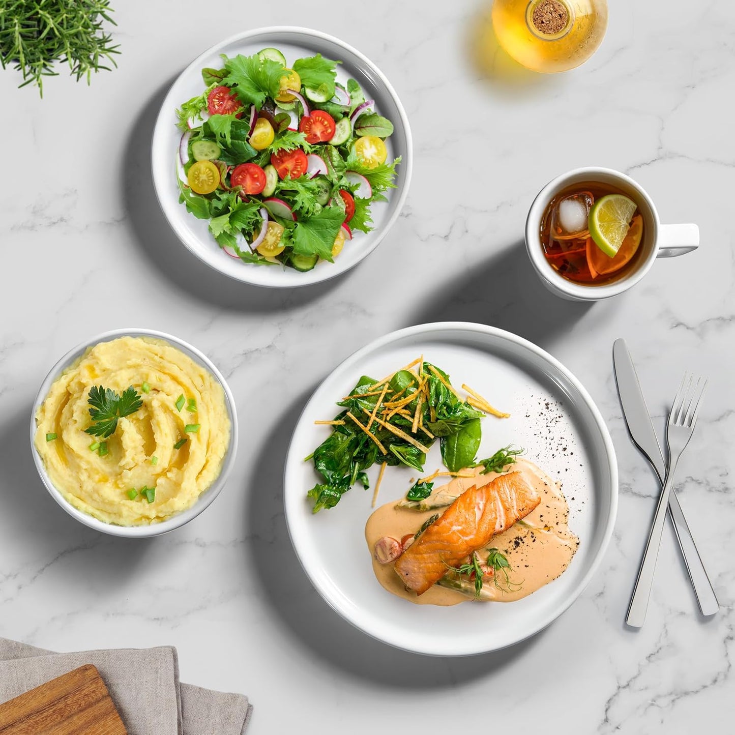 Zulay Kitchen Terra Stoneware 32-Piece Dinnerware Set, Artisanal Ceramic Plates and Bowls Set Crafted at 2300℉ - Service for 8, Frost White