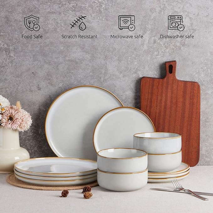 E-far Plates and Bowls Set for 4, 12-Piece Stoneware Dinnerware Sets, Ceramic Dinning Ware Reactive Glaze Dishes Set, Microwave & Dishwasher Safe - Seashell White