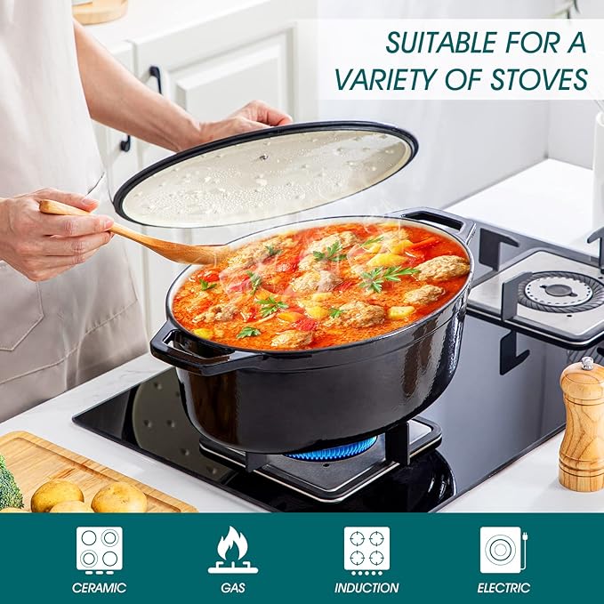 vancasso Enameled Cast Iron Oval Dutch Oven, 9.3 Quart with Non-Stick Enamel Coating for Bread Baking, Black Double Handle Pot with Lid