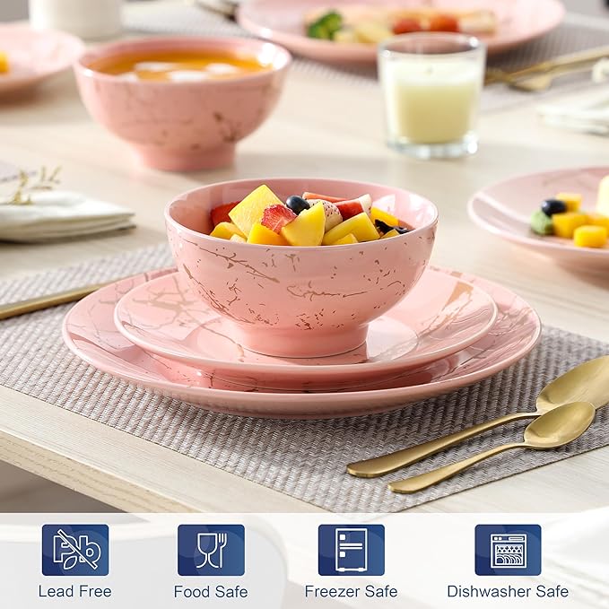 LOVECASA Pink Dinnerware Sets for 4, 12 Piece Porcelain Plates and Bowls Sets, Gold Splash Dish Set, Modern Ceramic Dinner Set, Dishwasher Microwave Safe