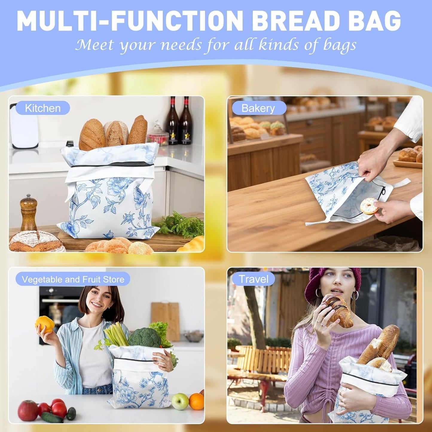 4 Pcs Bread Bags for Homemade Bread 17" x12" Reusable Sourdough Storage Bags with Foodgrade TPU Lining Food Wraps to Keeping Fresh Loaf Fresh Freezer Baker Baking Supplies (Blue)
