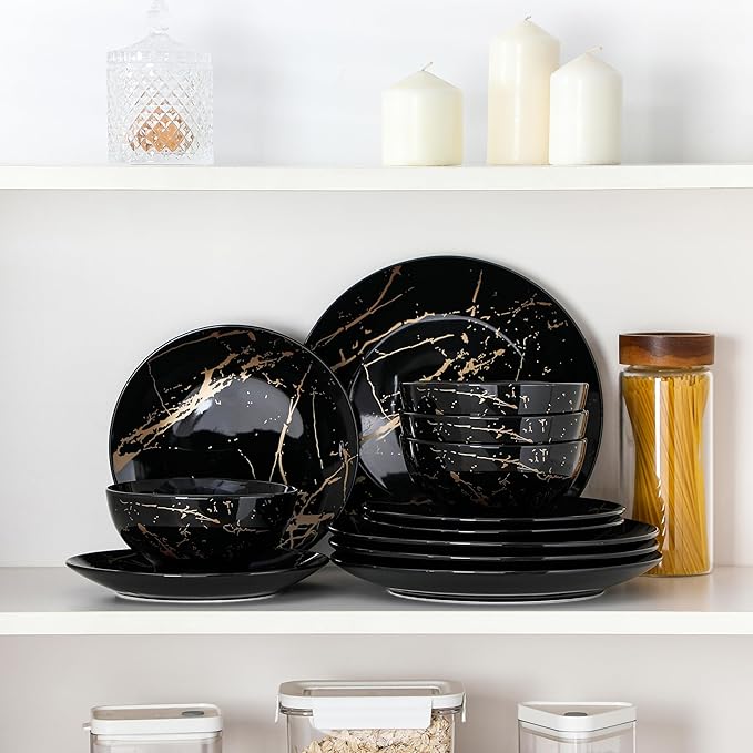 LOVECASA Plates and Bowls Sets for 4, 12 Pieces Porcelain Dinnerware Sets, Black and Gold Dish Set Gold Splash Dishware Sets, Dishwasher Microwave Safe