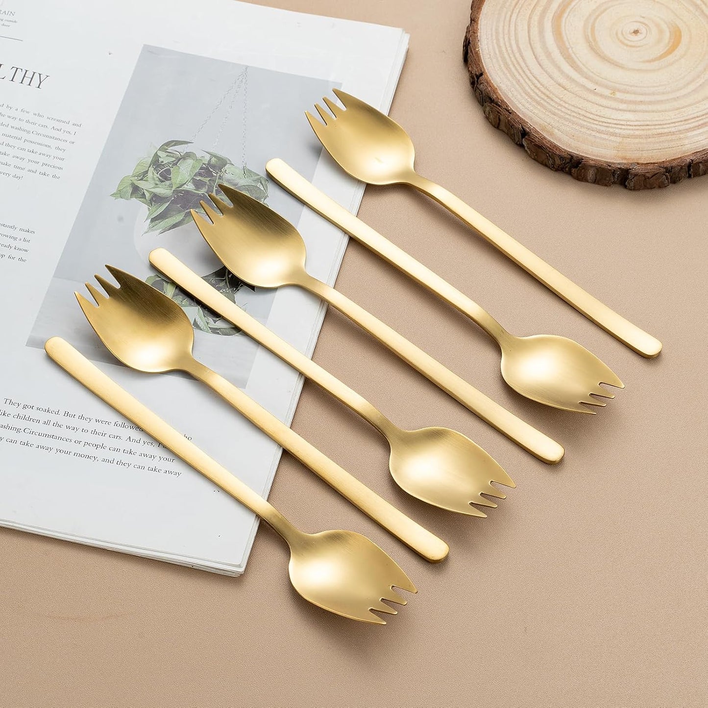 8-Piece Gold Salad Serving Set - 11.4 inch Stainless Steel Spoon & Fork with 6 Salad Forks, Titanium Plating, Dishwasher Safe for Entertaining, Parties