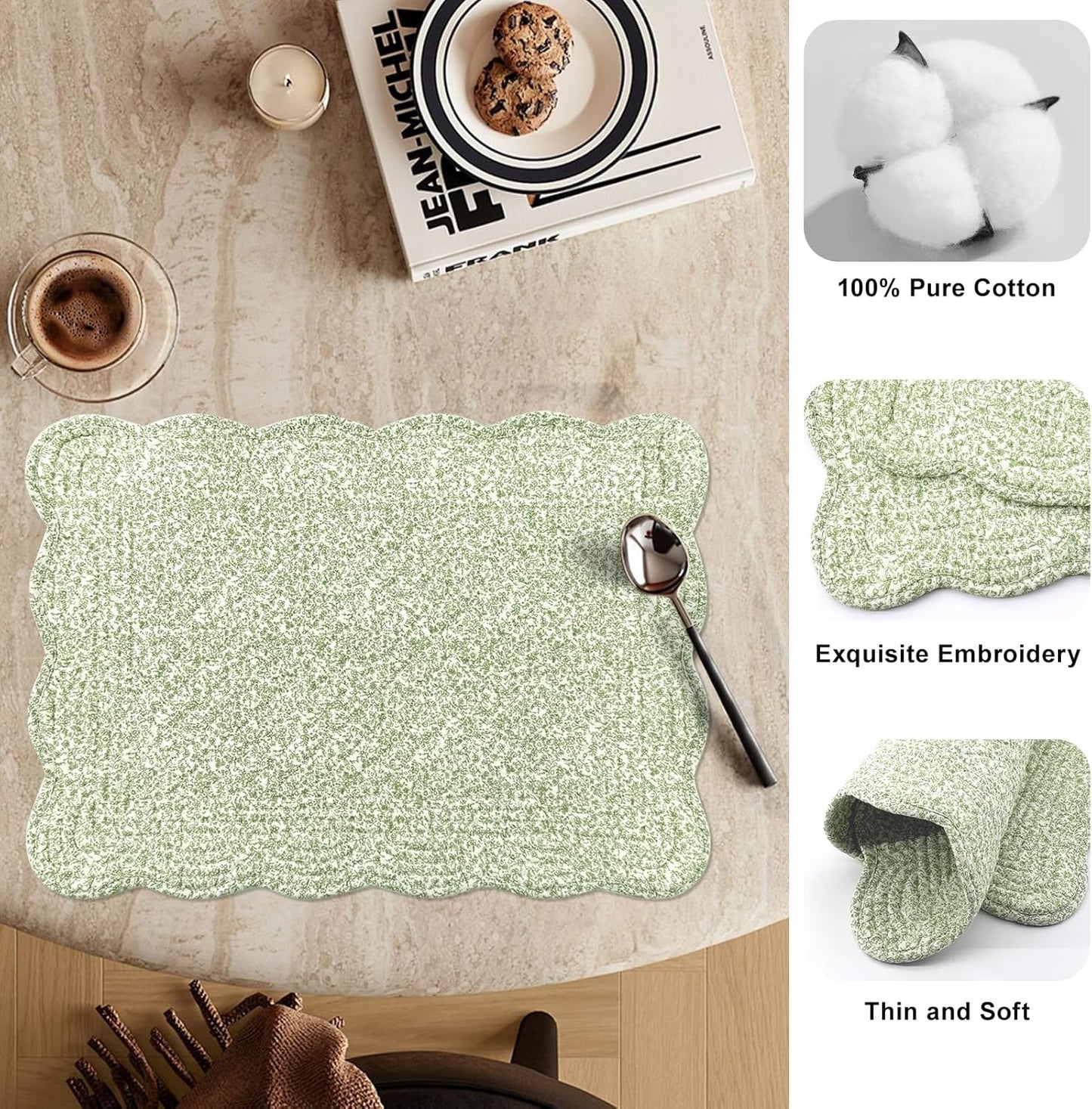 6 PC Quilted Placemats, 18"X13"Extra Large Cotton Placemats Set of 6, 100% Cotton Fabric Washable Cloth Table Mats for Kitchen & Dining Table - Soft &Easy Clean(Green Crushed Flower, Rectangular)