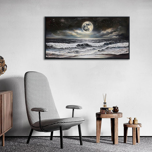 QZQCBLC Black and White Wall Art, Sea Beach Pictures Moon Starry Clouds Ocean Scene Framed Canvas Paintings Artwork for Living room Bathroom Bedroom Home Office Wall Pictures Decor 20x40 IN