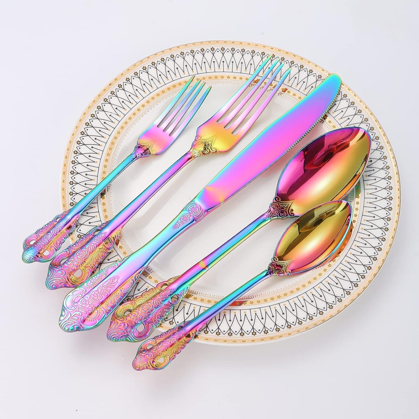 Rainbow Royal Silverware Set for 8 Stainless Steel Flatware 40 Pieces with Unique Antique Floral Design Colorful Heavy Durable Kitchen Daily Use Festival Parties