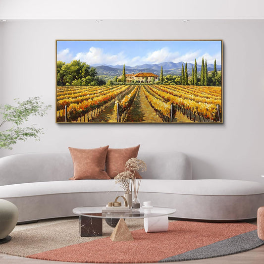 XLSJERST Fall Picture - Orange Wall Art Vineyard Large Landscape Autumn Framed Wall Decor Living Room Vintage Artwork Nature Forest Canvas Wall Art for Bedroom Office Fall Wall Decor - 58x29 Inches