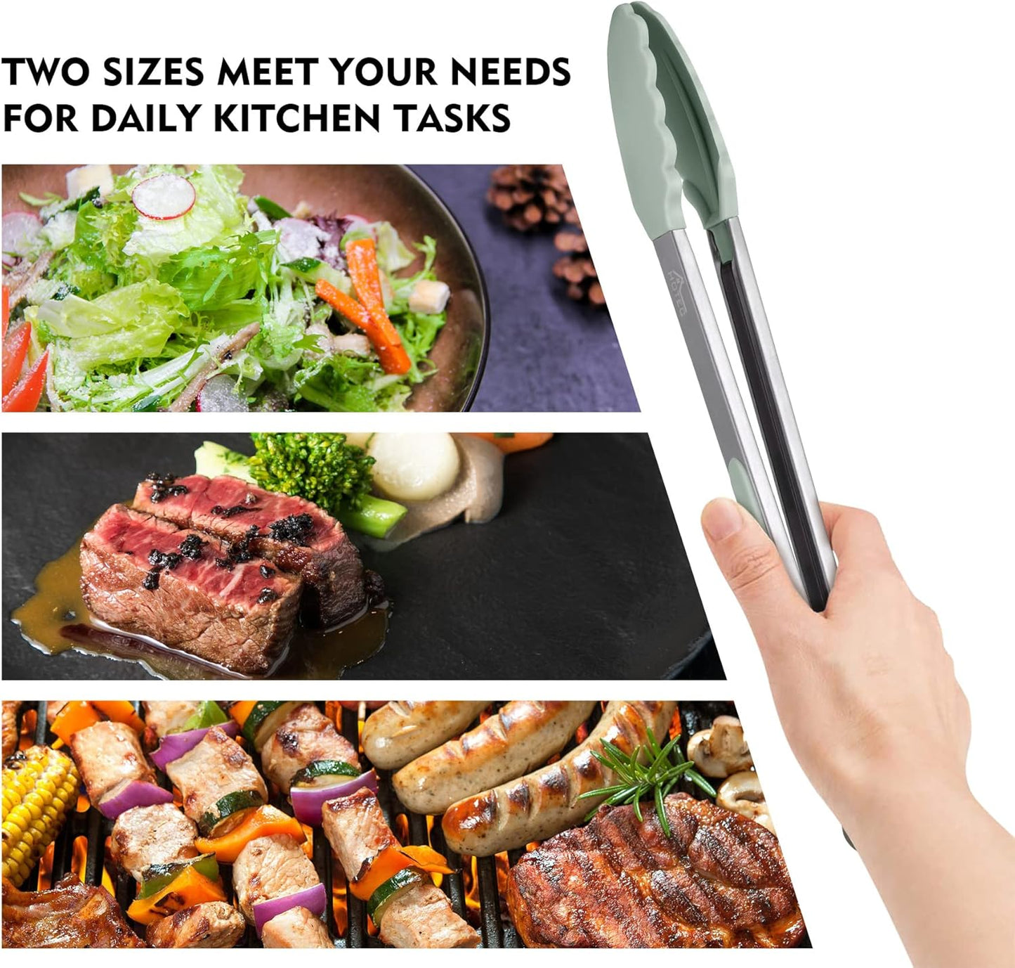 Hotec Premium Stainless Steel Locking Kitchen Tongs with Silicon Tips, Set of 2-9" and 12" Light Green