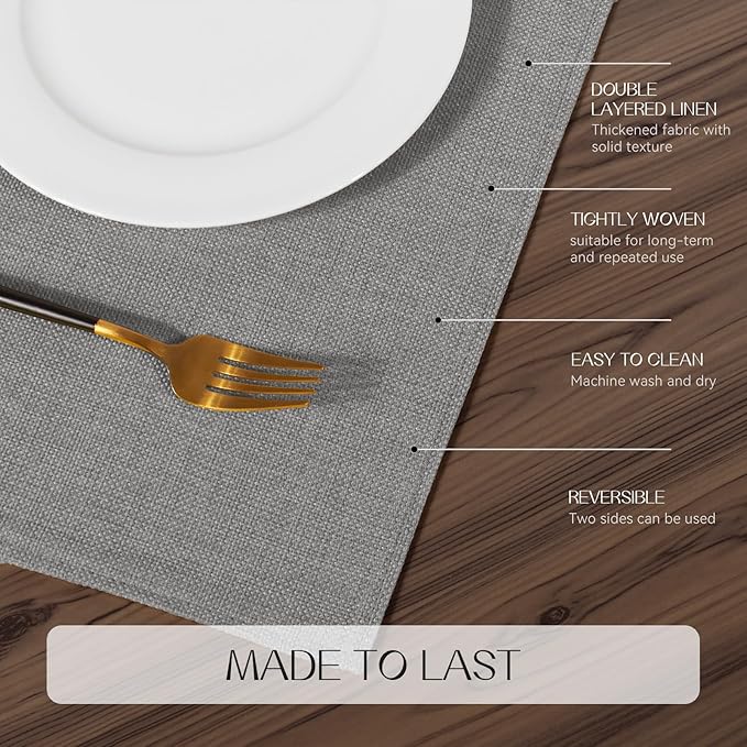 Romanstile Cloth Placemats Set of 6-12 x 18 Inch, Heat Resistant Double Layered Thickened Burlap Place Mats, Washable Faux Linen Farmhouse Table Mats for Kitchen/Dining/Party/Outdoor, Grey