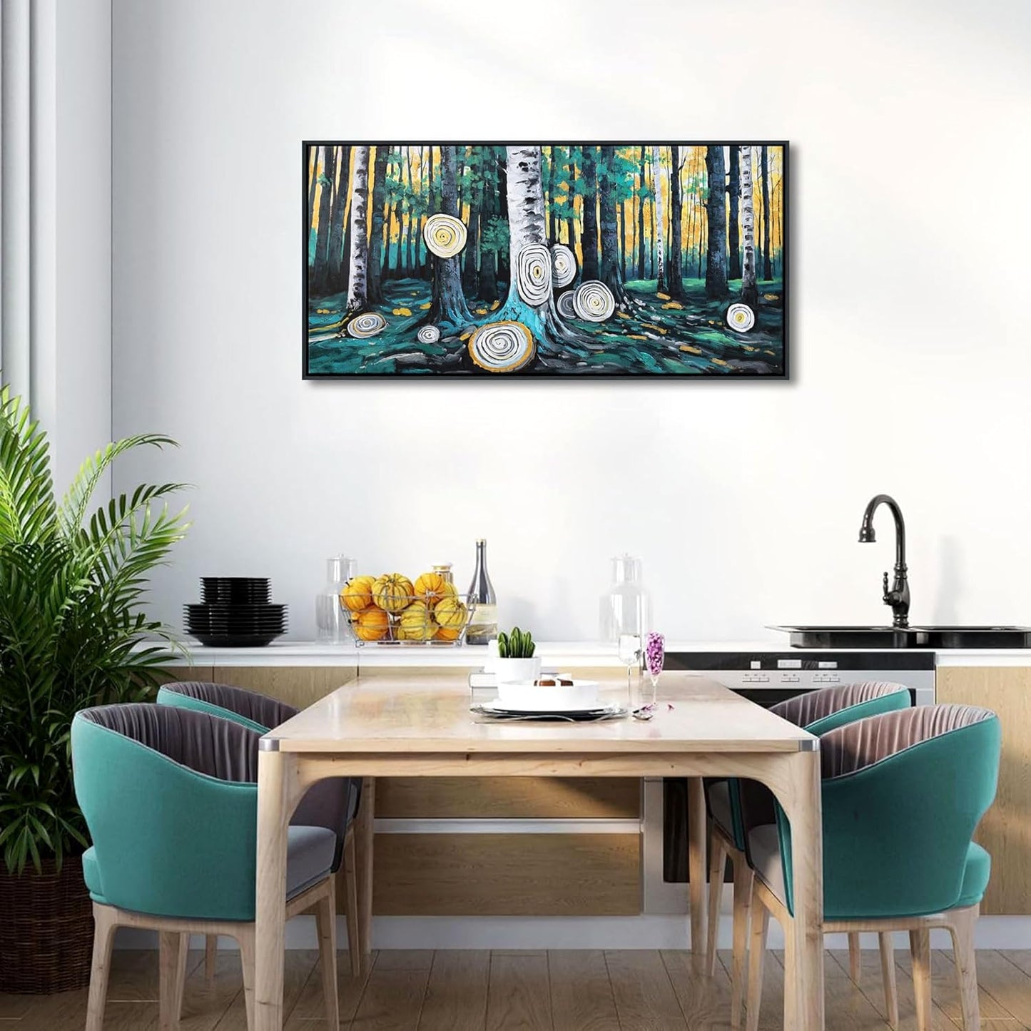 QZQCBLC Canvas Wall Art Bedroom - Green Large Tree Yellow Forest Paintings Artwork Abstract Ring Landscape Pictures for Living room Bathroom kitchen Home Office Wall Decor 20"X40"