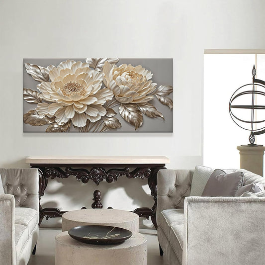 Tsomzxng White Wall Art Modern Flower Wall Decor Canvas Prints Picture White Flower Canvas Art Wall Decor Modern Elegance Wall Artwork Bedroom Living Room Office Home Decoration 24" X 48"