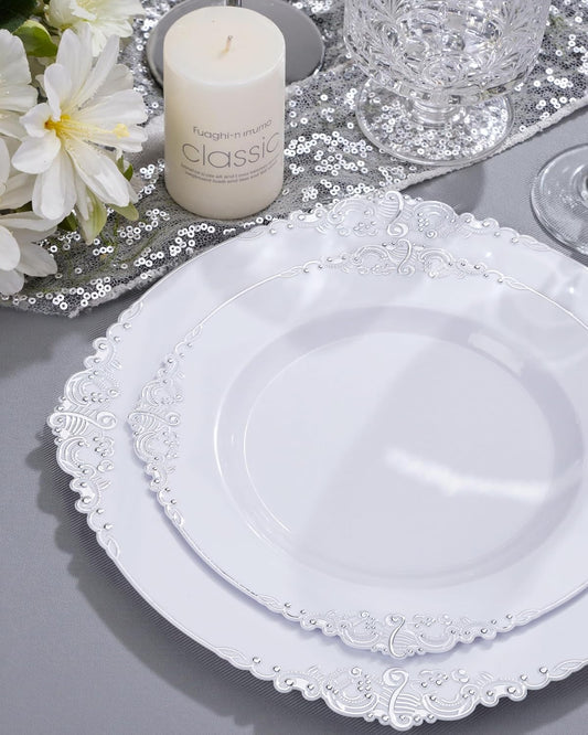 Nervure 350PCS Silver Plastic Plates - Silver Plastic Dinnerware Sets for 50 Guests - 100 Disposable Plates, 150 Silverware, 50 Cups, 50 Napkins for Wedding & Party