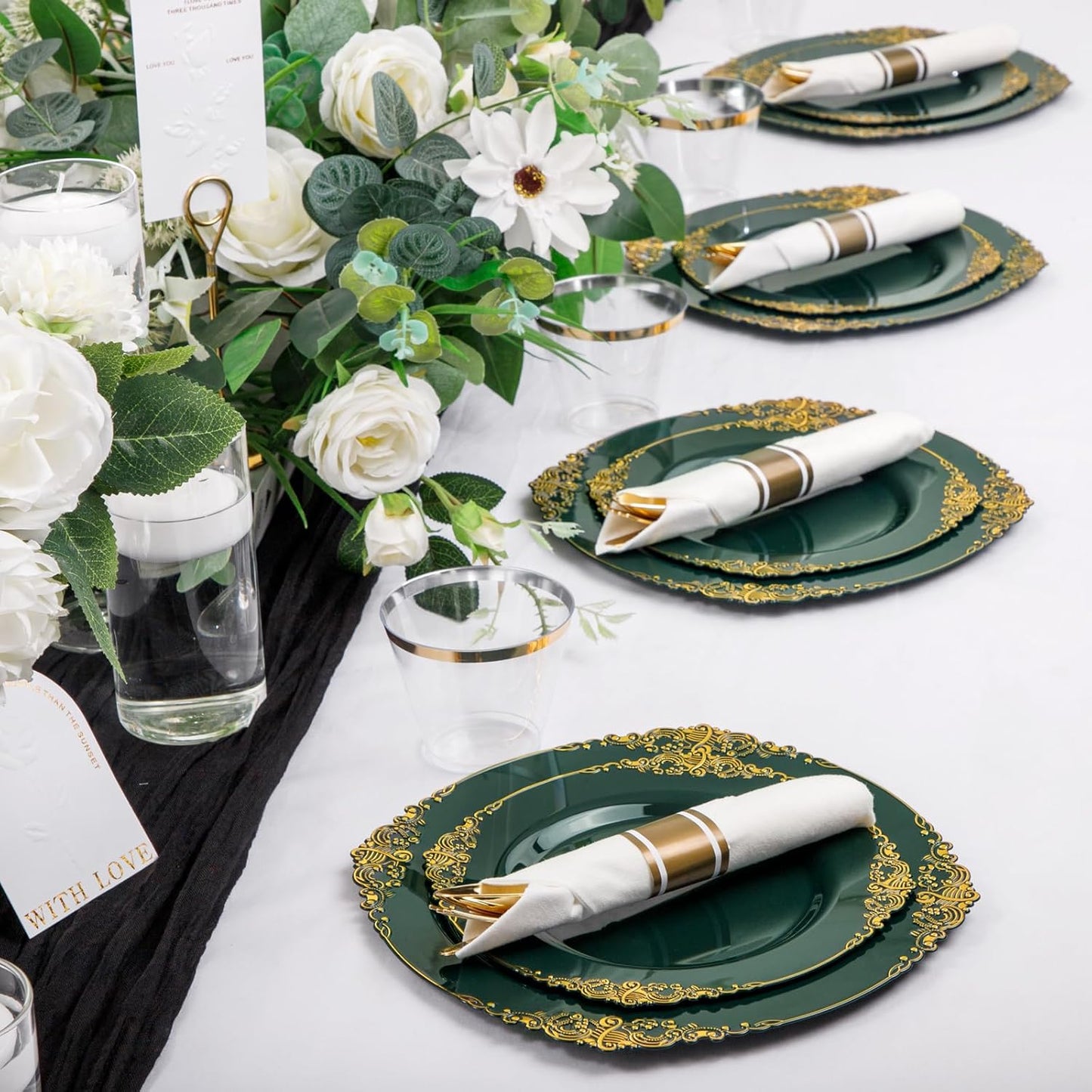 Nervure 175PCS Green Plastic Plates - Disposable Green Gold Party Plates & Pre Rolled Napkins with Cutlery for 25 Guests, 50Plates, 75Silverware, 25Cups, 25Napkin for Wedding & Party