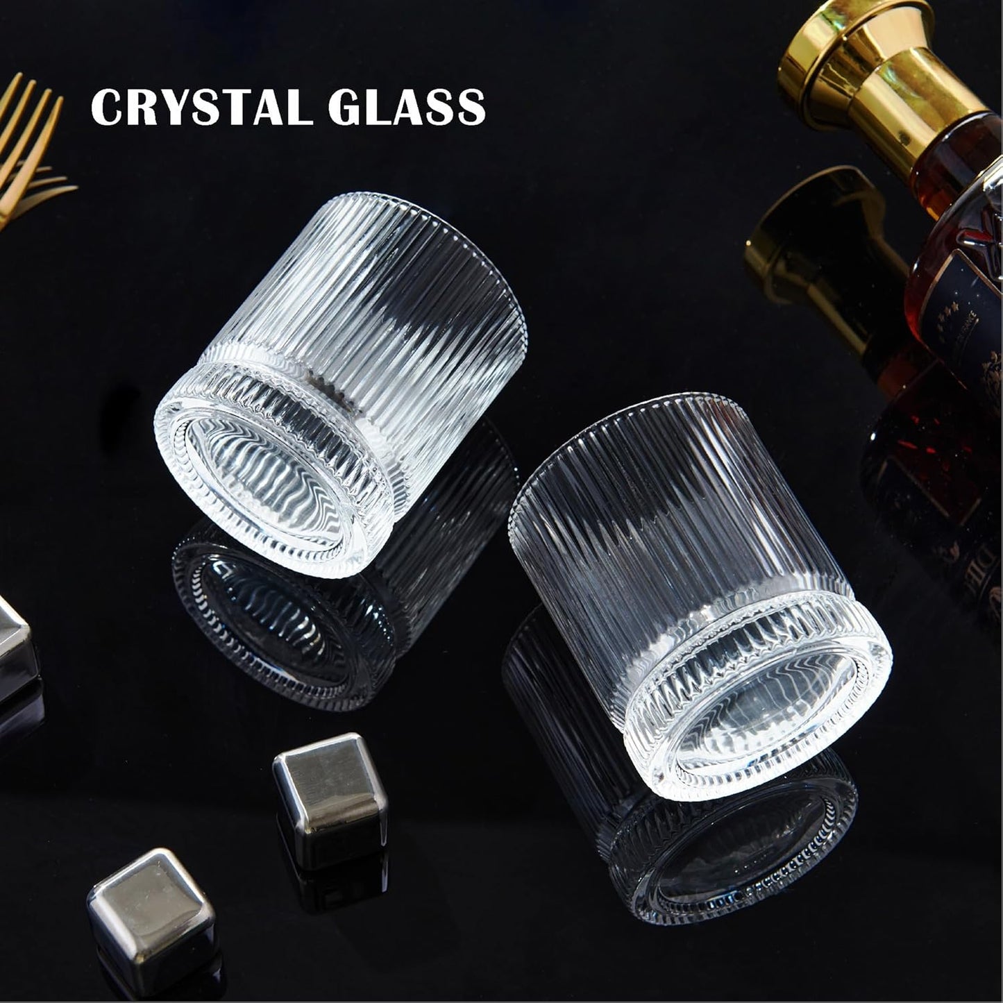 Crystal Old Fashioned Whiskey Glasses Set of 6, 12 Oz Ribbed Bourbon Glass, Ultra-Clarity Double Base Liquor Vodka rocks Cocktail Scotch Tumbler Bar Glasses Set