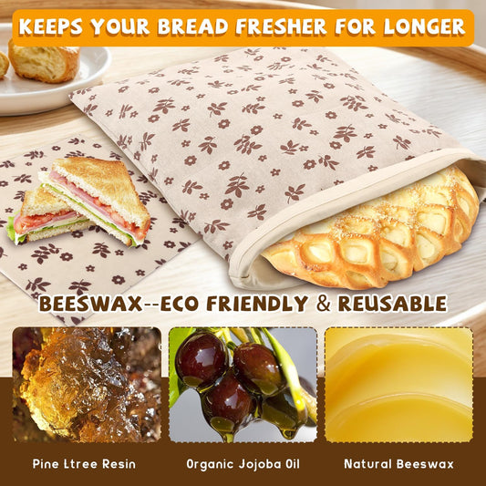 Beeswax Bread Bags, Reusable Organic Linen Beeswax Bread Bag for Sourdough, Keep Fresh and Large Capacity Portable Sourdough Storage Bags & 3 Beeswax Wraps for Gifting, Must-Have Baking Accessories