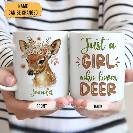 Hyturtle Personalized Gifts Deer Lover - Just A Girl Who Loves Deer Custom Name Ceramic Coffee Mug Cup 11oz - Idea Cute Animal Lover Gifts For Women, Girl Daughter On Birthday, Christmas