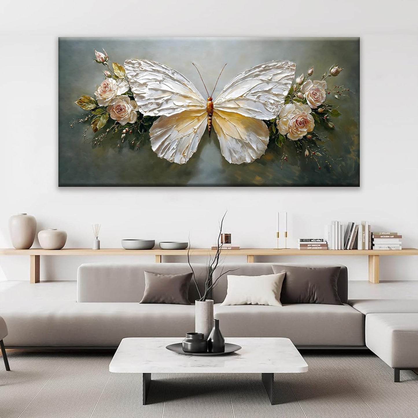 Large Wall Art Decor Abstract White Simple Butterfly And Rose Wall Art For Living Room Bedroom Office Kitchen Home Wall Decor 29x58 Inch Modern Abstract Artwork