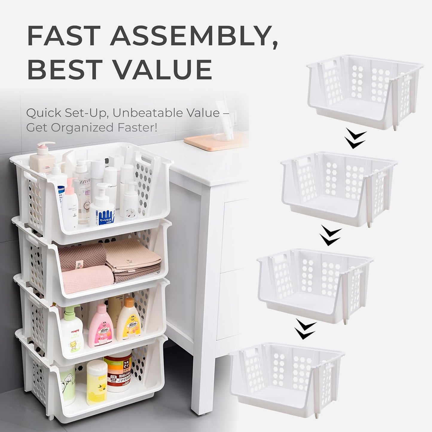 Skywin Plastic Stackable Storage Bins for Pantry - 4-Pack Medium Stackable Bins For Organizing Food, Kitchen, and Bathroom Essentials (White)