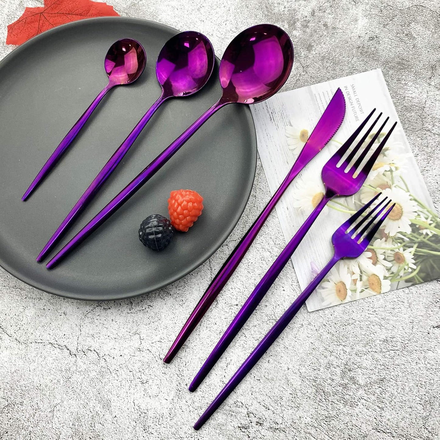 JASHII Silverware Set, Mirror Polished Purple Flatware Cutlery Set Service for 4, Shiny Finish 24 Pieces Stainless Steel Utensils Set Dinner Knife Fork Spoon Dessert Fork Salad Spoon Dishwasher Safe
