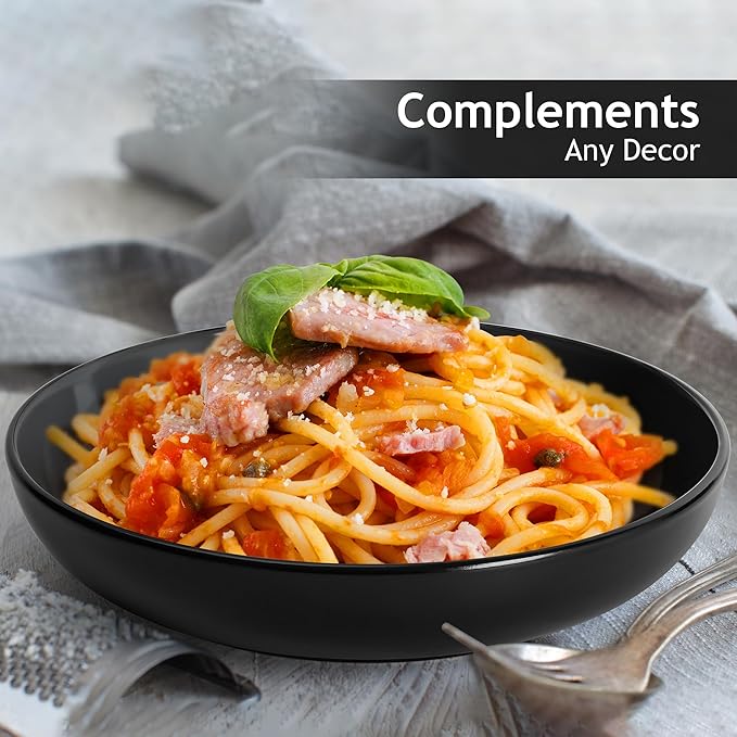 MIAMIO – 30 Oz Set of 6 Pasta Bowls/Salad Bowls, Pasta Plates Wide and Shallow Bowl, Large Ceramic Stoneware Deep Plate Serving Soup, Microwave and Dishwasher Safe - Le Papillon Collection (Black)