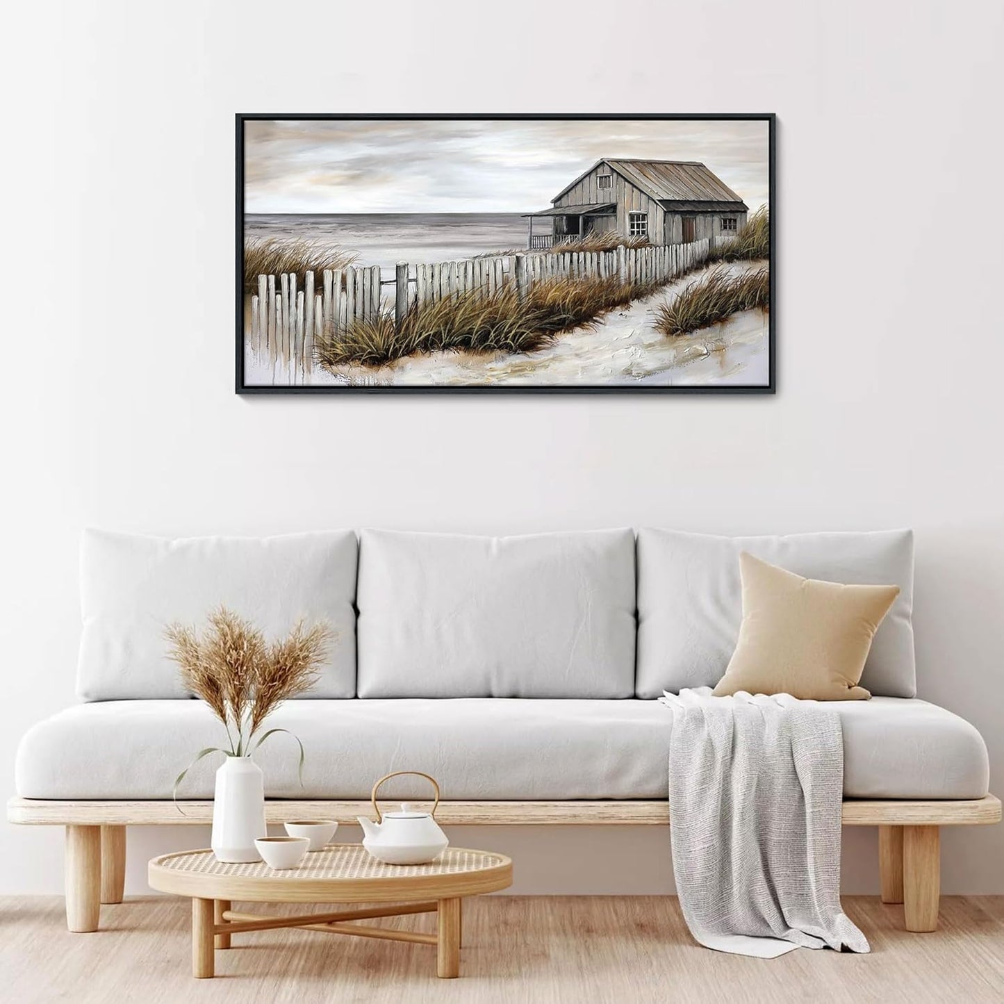 YDYSUNE Village Coastal Wall Art for Living Room - Retro Beach Fenced House Canvas Wall Decor for Home Artwork Painting Print for Bedroom Decoration Kitchen Office Hang a Picture Framed 20x40 Inches