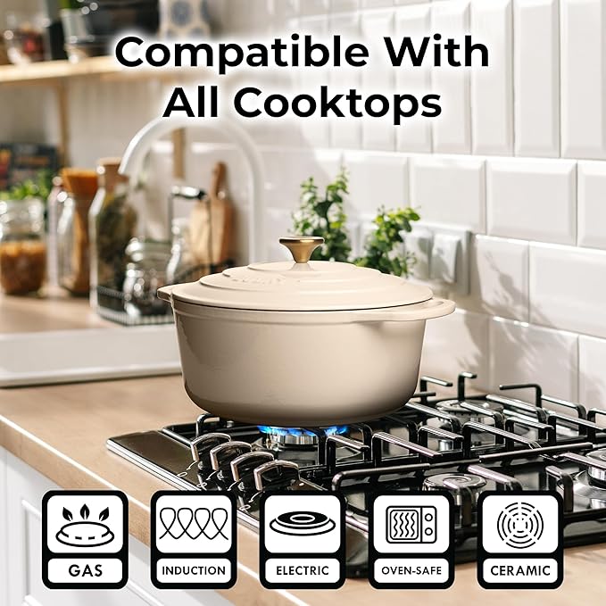 Zulay Kitchen 5 Quart Enameled Cast Iron Dutch Oven Pot with Lid – Premium Durability & Oven Safe up to 500°F – Heavy Duty Cookware Perfect for Bread Baking, Stews, Braising & Roasting – Ivory