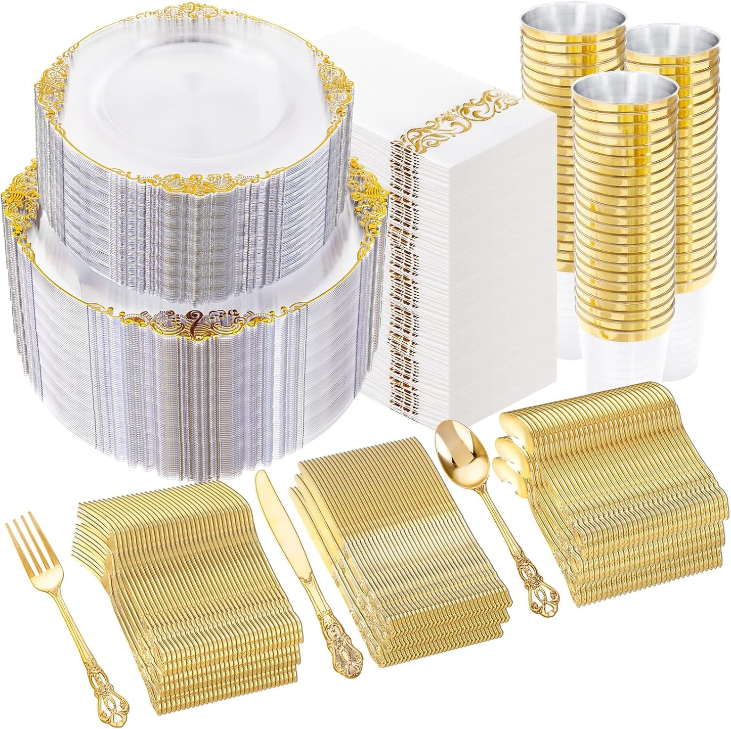 YOUBET 700PCS Clear Gold Plastic Plates - Elegant Gold Plastic Dinnerware Set Include 200 Disposable Plates, 300 Heavy Duty Silverware, 100 Cups, 100 Napkins for Wedding Party & Thanksgiving